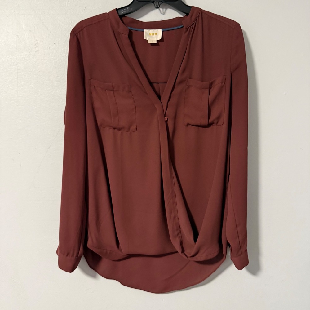 Maeve‎ Anthropologie Burgundy Wrap Front Draped Long Sleeve Blouse Size 4